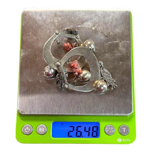 Vtg 925 Sterling Silver Clip-On Earrings Coral Beads Fish Ball Charms Souothwest - Picture 6 of 7